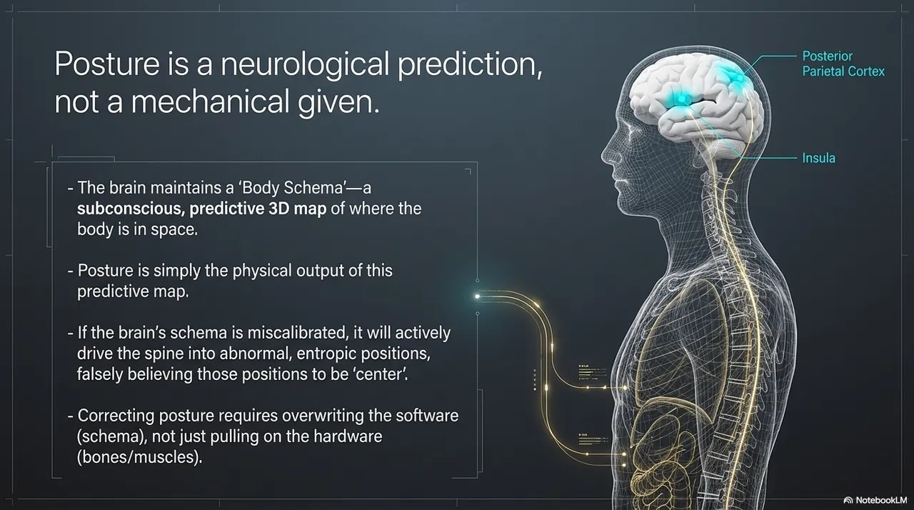 Posture is a neurological prediction: the brain holds a body-schema map that generates the spine's shape; updating the map changes the posture